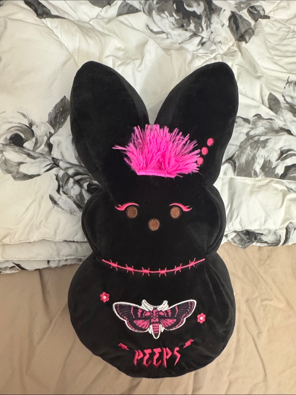 Black Plush Bunny Pillow with Neon Pink Accents - Embroidered Moth Motif